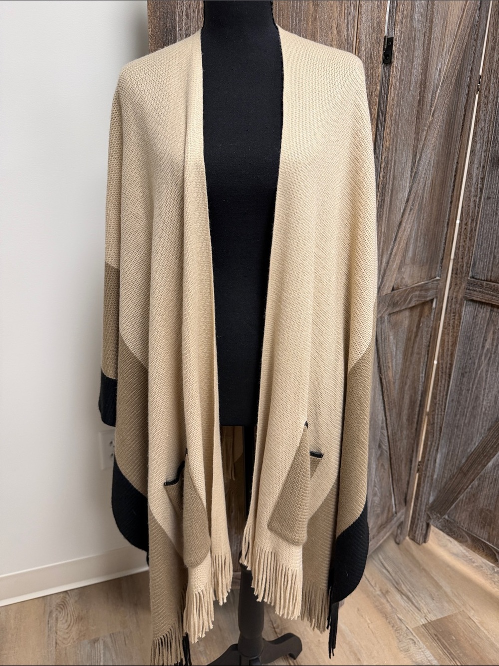 Neutral Two-Tone Fringe Open-Front Poncho Wrap